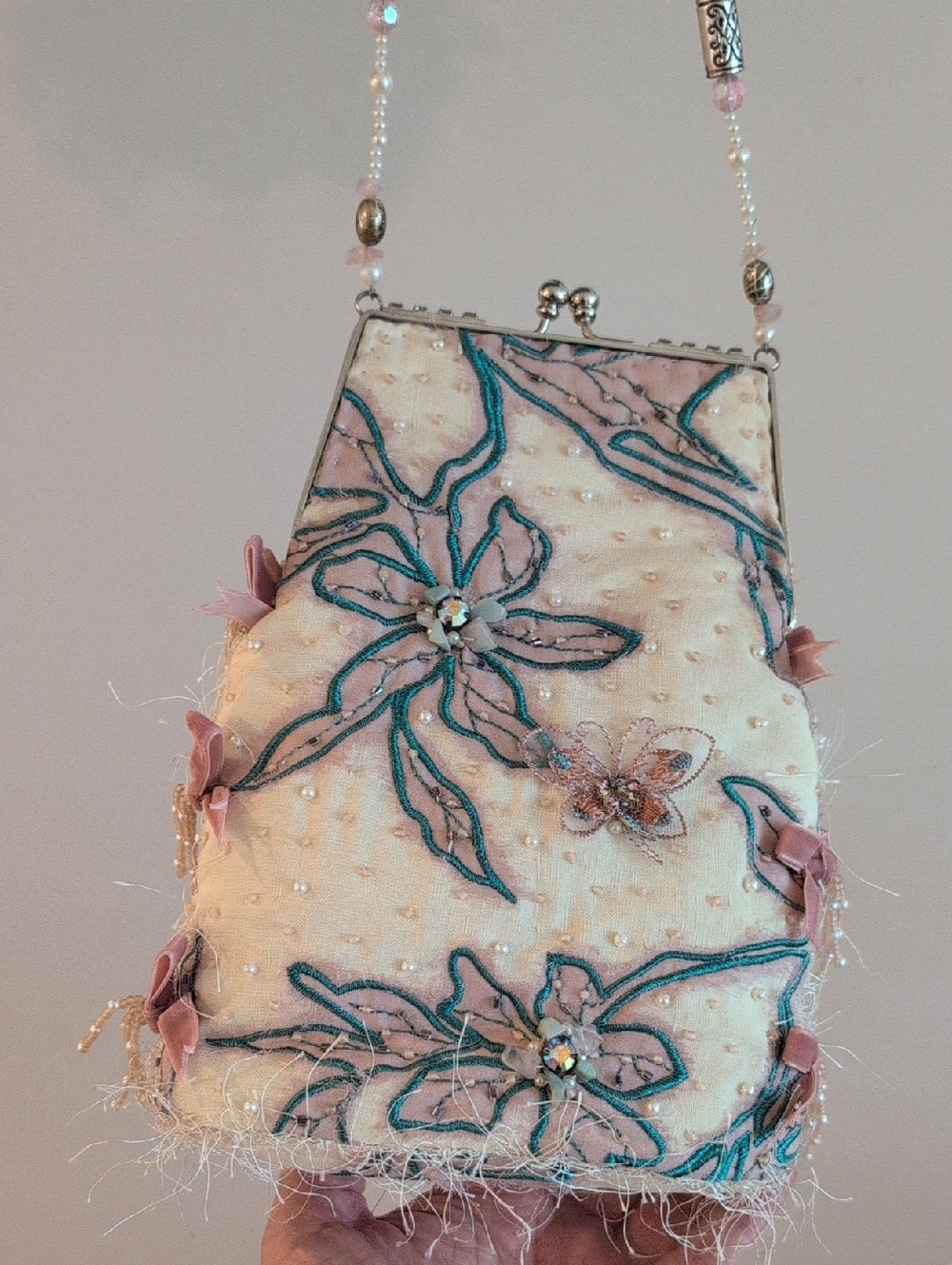Mary Frances Pink and Teal Butterfly Floral Beaded Purse